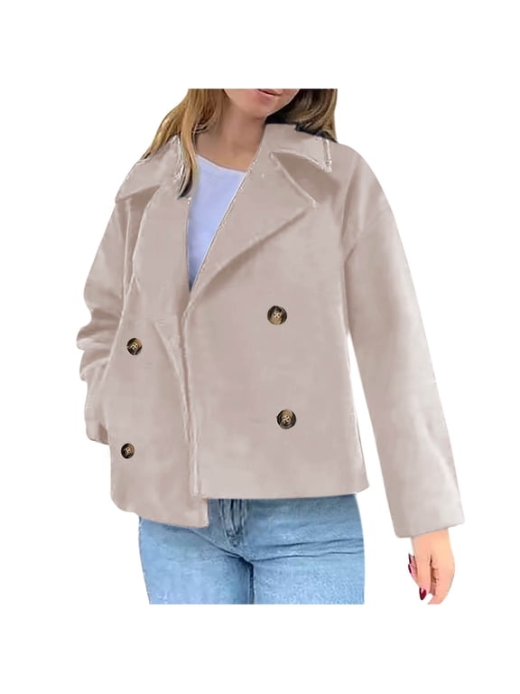Women's Short Woolen Jackets Double Breasted Cropped Woolen Trench Coat Lapel Winter Wool Blend Blazer Jackets (Beige,S)