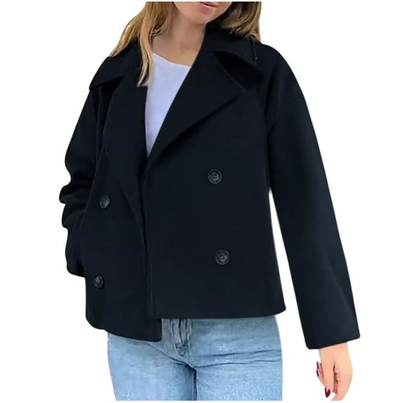 TKLPEHG Women's Short Woolen Jackets Double Breasted Cropped Woolen Trench Coat Lapel Winter Wool Blend Blazer Jackets (Navy,L)