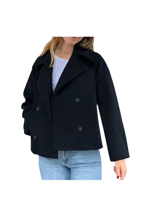Women's Short Woolen Jackets Double Breasted Cropped Woolen Trench Coat Lapel Winter Wool Blend Blazer Jackets (Navy,M)