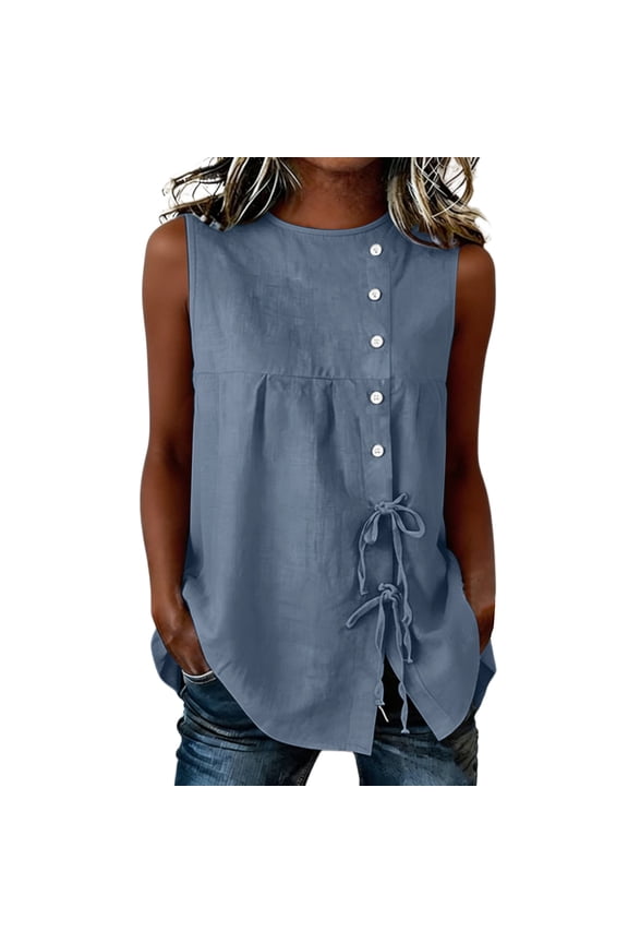 Women's Sleeveless Tunic Tops Button Front with Drawstring Tie Casual Loose Fit Tank Top for Summer Street Style (Gray,S)