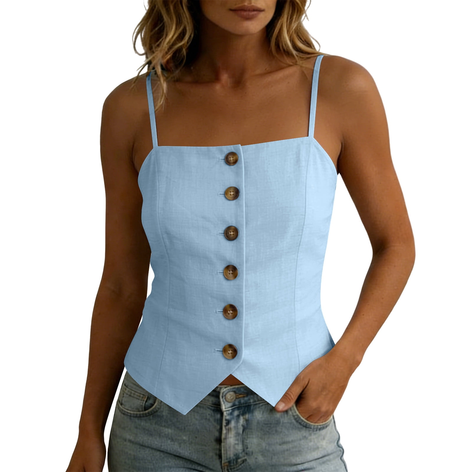 TKLPEHG Women's Square Neck Cotton Cami Top Button Front Sleeveless ...