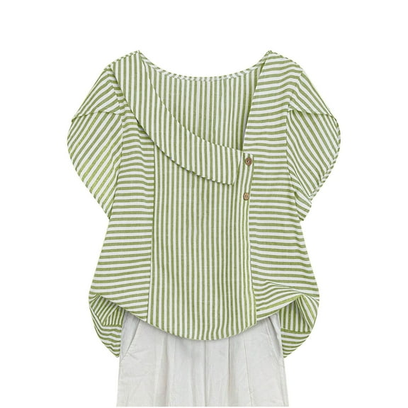 TKLPEHG Women's Striped Blouse Asymmetrical Neck Petal Short Sleeve Casual Summer Tops Fashion Loose Comfy Blouses (Green,M)