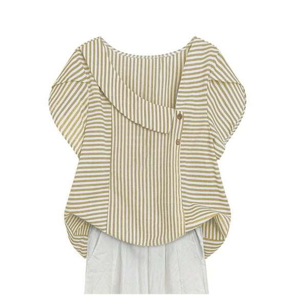 TKLPEHG Women's Striped Blouse Asymmetrical Neck Petal Short Sleeve Casual Summer Tops Fashion Loose Comfy Blouses (Orange,XL)