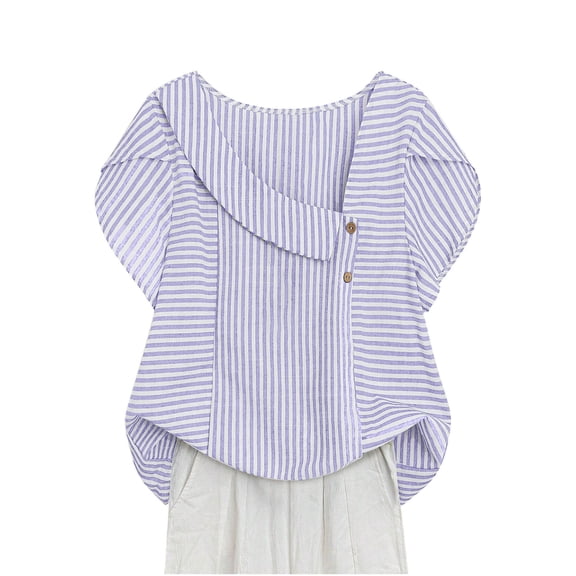TKLPEHG Women's Striped Blouse Asymmetrical Neck Petal Short Sleeve Casual Summer Tops Fashion Loose Comfy Blouses (Purple,L)