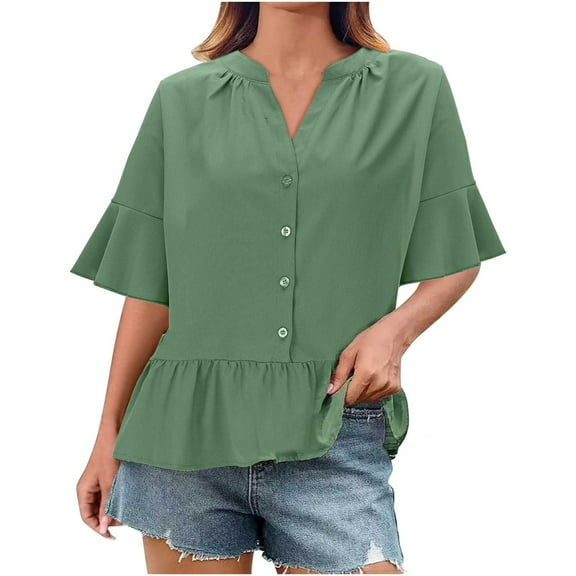 TKLPEHG Women's Summer Ruffle Short Sleeve Tops Solid Color Loose Fit Button Shirt Casual Pleated V Neck Blouses (Green,M)
