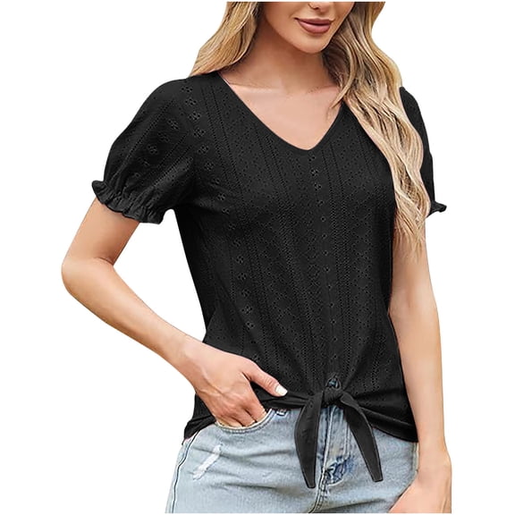 TKLPEHG Women's Summer Tops Short Sleeve V Neck Hollow Out T Shirts Dressy Casual Tie Front Tops Eyelet Blouses Tunic (Black,L)