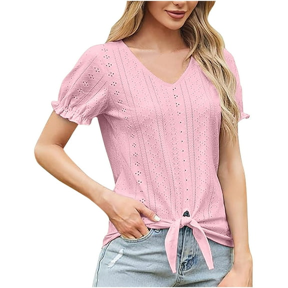 TKLPEHG Women's Summer Tops Short Sleeve V Neck Hollow Out T Shirts Dressy Casual Tie Front Tops Eyelet Blouses Tunic (Pink,XXL)
