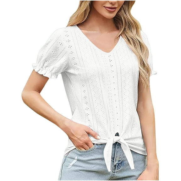 TKLPEHG Women's Summer Tops Short Sleeve V Neck Hollow Out T Shirts Dressy Casual Tie Front Tops Eyelet Blouses Tunic (White,XXL)