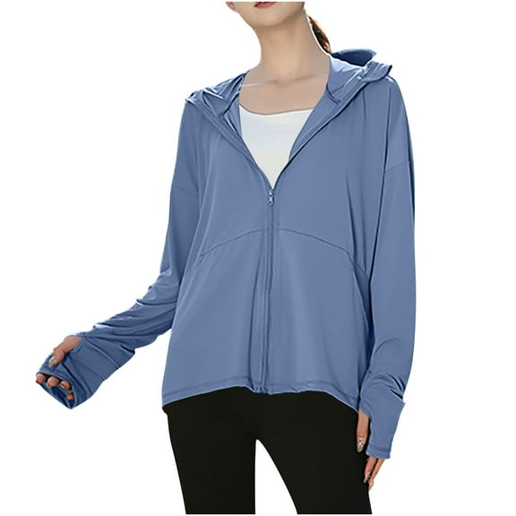 TKLPEHG Women's Sun Protection Jacket Zipper Hooded Cooling Shirt with Pockets Solid Color Long Sleeve Hiking Outdoor Performance (Blue,Free Size)