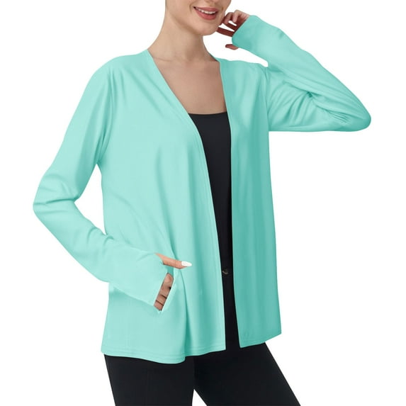 TKLPEHG Women's Sun Protection Open Front Sun Shirts Solid Color Casual Summer Long Sleeve Outdoor Hiking Cardigan with Pockets (Mint Green,L)