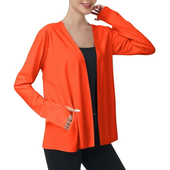 TKLPEHG Women's Sun Protection Open Front Sun Shirts Solid Color Casual Summer Long Sleeve Outdoor Hiking Cardigan with Pockets (Orange,M)