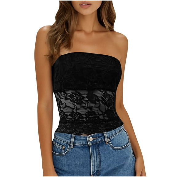TKLPEHG Women's Tank Tops Lace Splicing Strapless Tank Top Regular Leisure Solid Color Graphic Tee Sleeveless Blouses Fashion Lightweight Western Outfit for Women Blouses (Black,L)