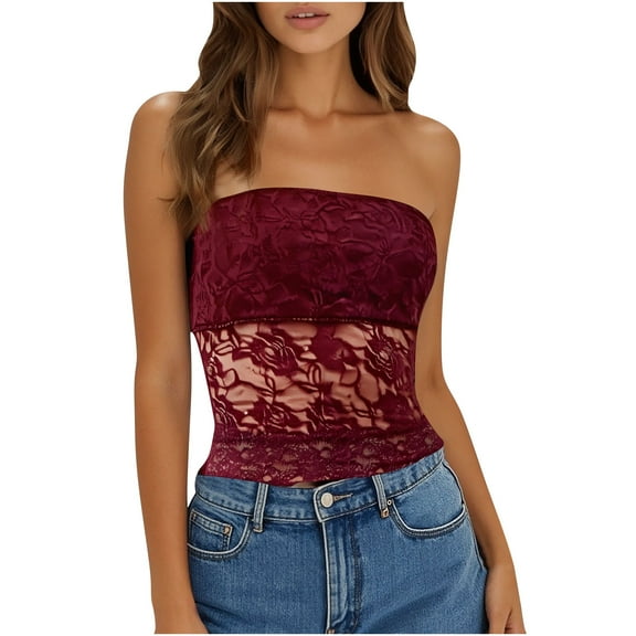 TKLPEHG Women's Tank Tops Lace Splicing Strapless Tank Top Regular Leisure Solid Color Graphic Tee Sleeveless Blouses Fashion Lightweight Western Outfit for Women Blouses (Wine,S)