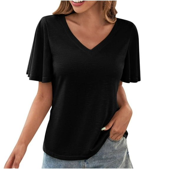 TKLPEHG Women's Tops Casual Going Out Tops Short Sleeve T Shirts Summer Solid Color Loose V Neck Tshirt Lightweight Blouses(Black,M)