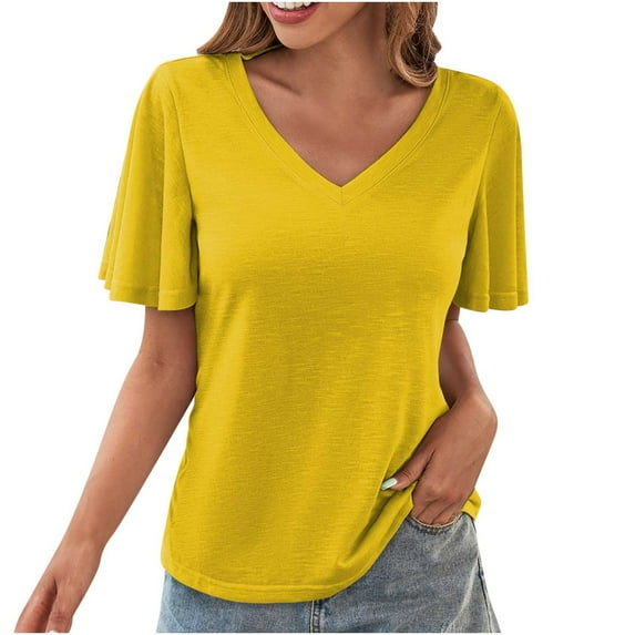 TKLPEHG Women's Tops Casual Going Out Tops Short Sleeve T Shirts Summer Solid Color Loose V Neck Tshirt Lightweight Blouses(Yellow,S)