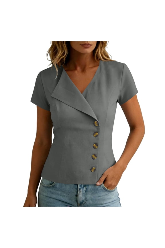 Women's Tops Dressy Casual Wrap Front Cotton Linen Blouses V-Neck Short Sleeve Button T-Shirt Slim Fit Workwear Shirt (Gray,S)