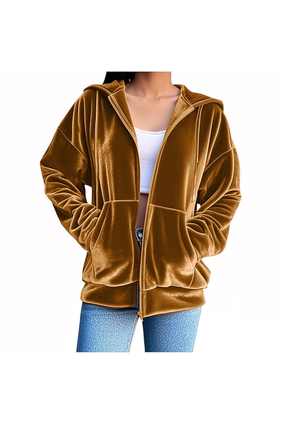 Women's Velour Hooded Jacket Casual Long Sleeve Hoodies Coats Full Zip Up Outerwear Soft Warm Velvet Jacket with Pockets (Gold,XL)