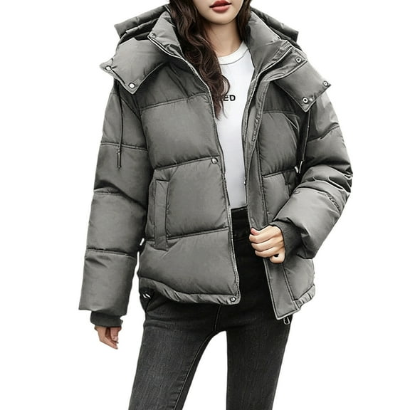 TKLPEHG Women's Winter Hooded Short Parkas Long Sleeve Thick Down Cotton Padded Coat Plus Size Casual Puffer Jackets (Gray,L)