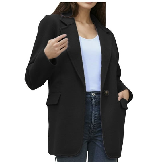 TKLPEHG Women's Wool Jacket Business Button Trench Coat Casual Loose Lapel Long Sleeve Peacoats with Pockets (Black,L)