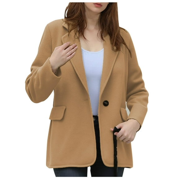 TKLPEHG Women's Wool Jacket Business Button Trench Coat Casual Loose Lapel Long Sleeve Peacoats with Pockets (Khaki,XL)