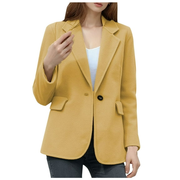 TKLPEHG Women's Wool Jacket Business Button Trench Coat Casual Loose Lapel Long Sleeve Peacoats with Pockets (Yellow,L)