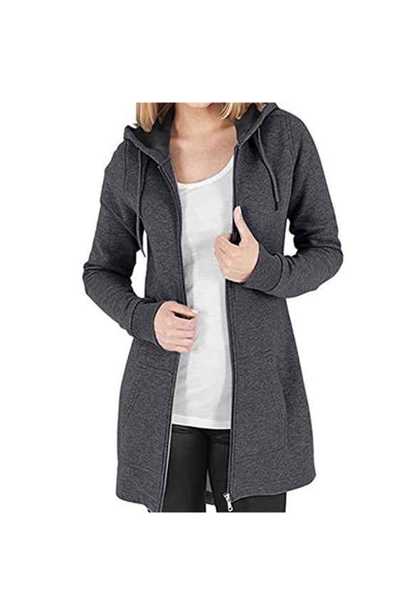 Women's Zip Up Hoodies Long Sleeve Long Tunic Sweatshirts Oversized Thin Fleece Jackets Casual Warm Jacket with Pocket (Dark Gray,XXL)