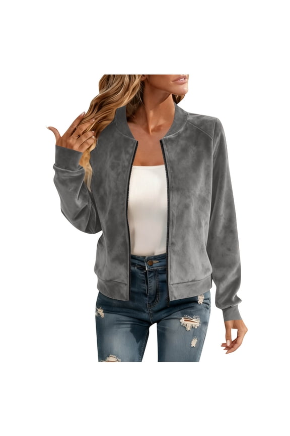 Women's Zip Up Jackets Long Sleeve Fall Coats Casual Solid Color Comfy Winter Jackets Fashion Outerwear (Gray,S)