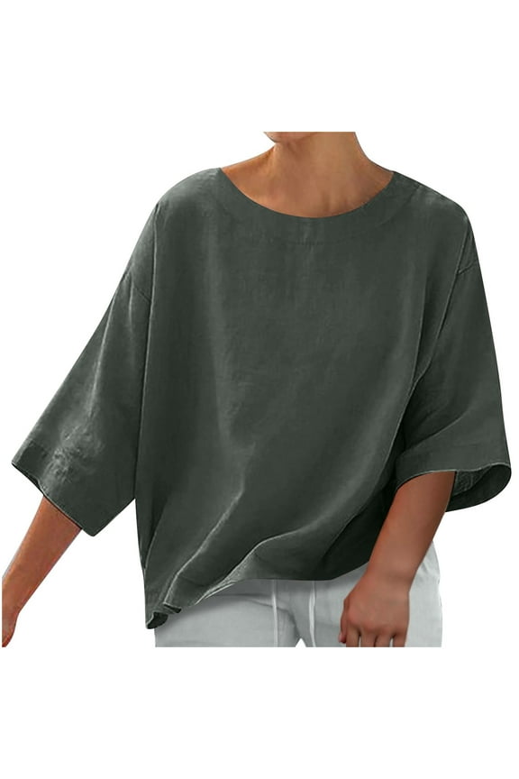 Womens 3/4 Sleeve Dressy Tops Crew Neck Three-quarter Sleeve Tshirt Summer Classic Solid Color Tshirt Loose Fitted Basic Tops Casual Blouses (Army Green,L)