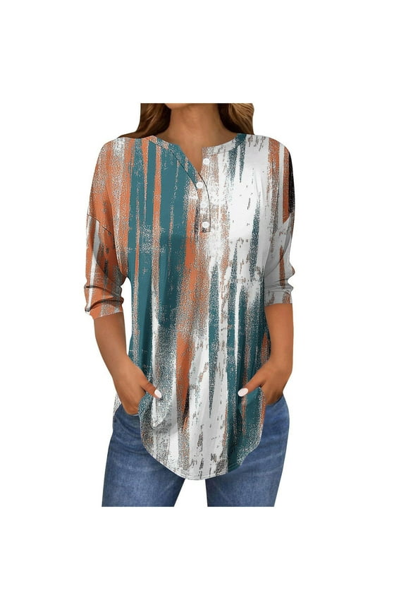 Womens 3/4 Sleeve Shirts Fashion Casual Crew Neck Graphic Tunic Shirts Womens Clothes Comfy Lightweight Blouses (Blue,S)