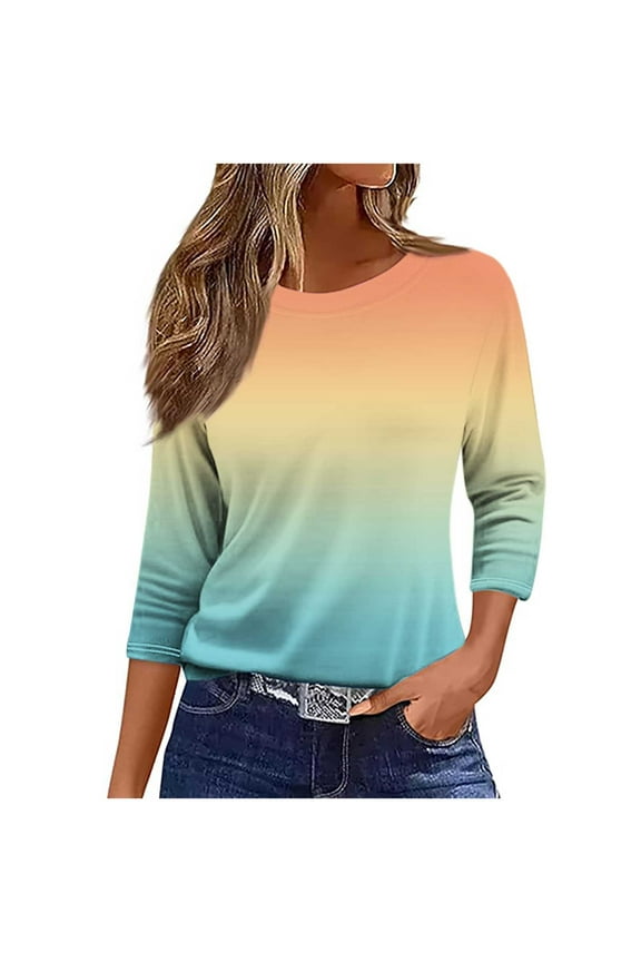 Womens 3/4 Sleeve Summer Tops Crew Neck Three-quarter Sleeve Tshirt Casual Classic Gradient Color Tshirt Basic Tops Summer Loose Fitted Womens Clothes (Light Blue,S)