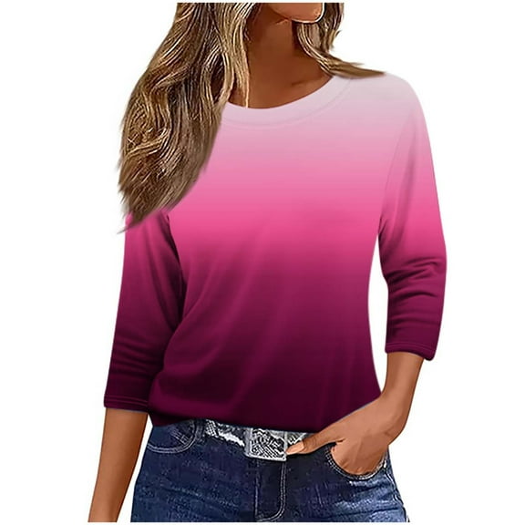 TKLPEHG Womens 3/4 Sleeve Summer Tops Crew Neck Three-quarter Sleeve Tshirt Casual Classic Gradient Color Tshirt Basic Tops Summer Loose Fitted Womens Clothes (Hot Pink,L)