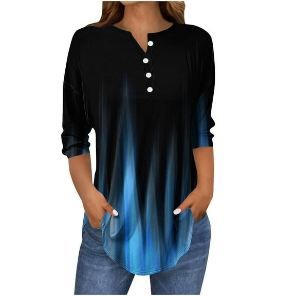 TKLPEHG Womens 3/4 Sleeve T Shirts Comfy Crew Neck Tunic Shirts Casual Loose Fashion Print Blouses Womens Clothes (Black,S)