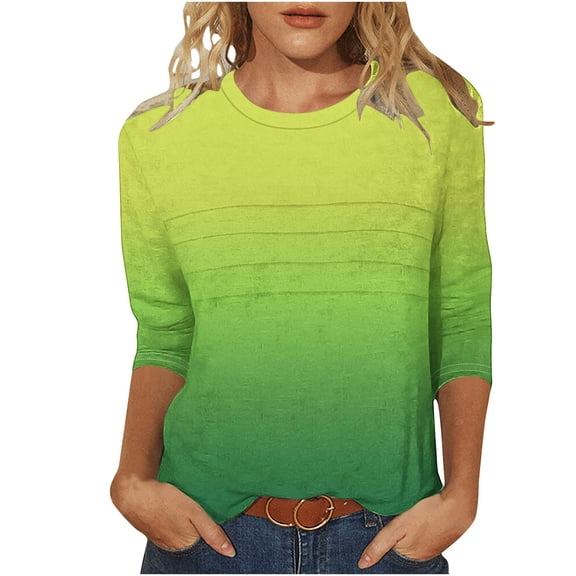 TKLPEHG Womens 3/4 Sleeve Tops Crew Neck Dressy Casual Blouses Loose Fitted Summer Fashion Gradient Color Tshirt Womens Clothes (Green,L)