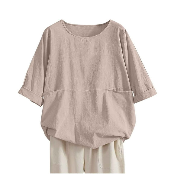 TKLPEHG Womens 3/4 Sleeve Tops Crew Neck Half Sleeve Top with Pocket Fashion Solid Color Lightweight Casual Fall Tops Comfy Loose Blouses Pullover (Pink,L)