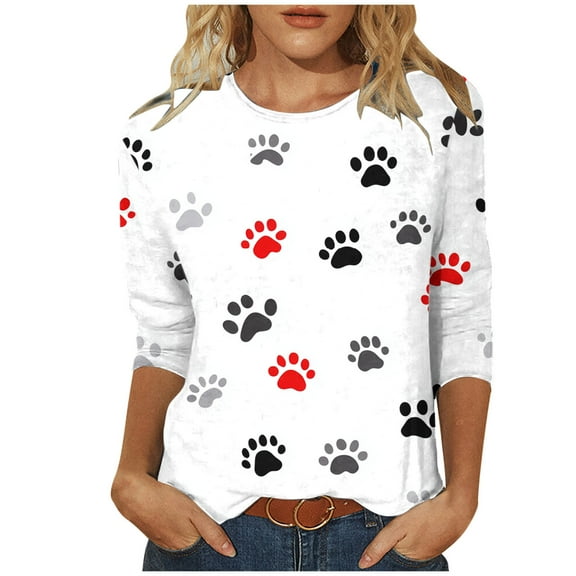 TKLPEHG Womens 3/4 Sleeve Tops Crew Neck Three-quarter Sleeve Tshirt Fashion Casual Loose Dog Paw Print Graphic Tee Summer Cute Comfy Blouses (Red,S)