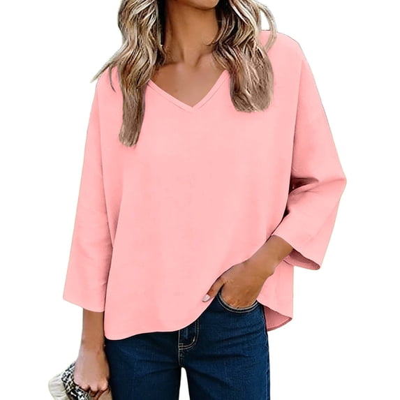 TKLPEHG Womens 3/4 Sleeve Tops Linen Shirts V Neck Three Quarter Sleeve Casual Loose Fit Blouses Boho Fashion Tops (Pink,S)