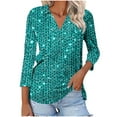 thumbnail image 1 of TKLPEHG Womens 3/4 Sleeve Tops V-Neck Tunic Tops Glitter Print Graphic Tee Summer Comfy Fashion 3/4 Sleeve T Shirts Casual Loose Outfits (Blue,M), 1 of 5