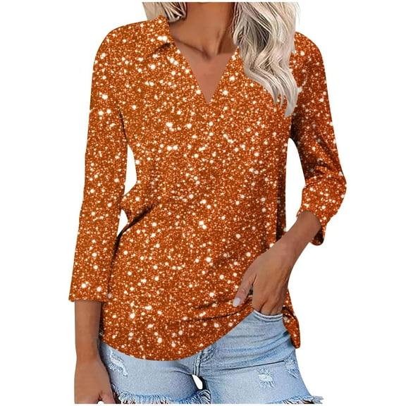 TKLPEHG Womens 3/4 Sleeve Tops V-Neck Tunic Tops Glitter Print Graphic Tee Summer Comfy Fashion 3/4 Sleeve T Shirts Casual Loose Outfits (Orange,XL)