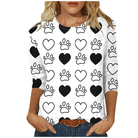 TKLPEHG Womens 3/4 Sleeve Tunic Top Crew Neck Three-quarter Sleeve Tshirt Fashion Loose Summer Cute Comfy Casual Dog Paw Print Graphic Tee Blouses (Black,S)
