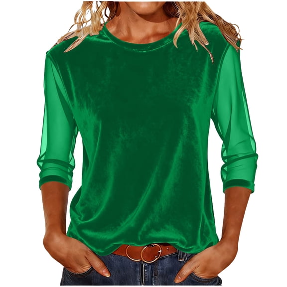 TKLPEHG Womens 3/4 Top Mesh Sleeve Patchwork Velvet Elegant Shirts Soft Lightweight Crew Neck Spring Solid Color Shirt (Green,L)