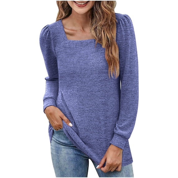TKLPEHG Womens Blouse Crew Neck Pleated Tunic Tops Casual Fashion Solid Color Fall Tops Comfy Lightweight Long Sleeve T Shirt Loose Blouses Pullover (Blue,XXL)