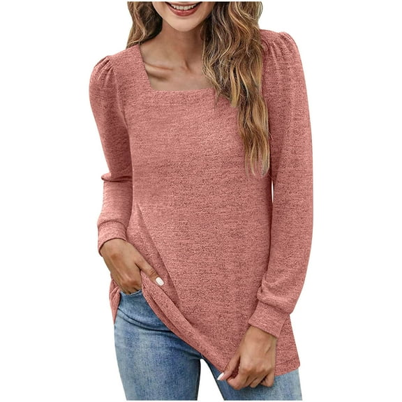 TKLPEHG Womens Blouse Crew Neck Pleated Tunic Tops Casual Fashion Solid Color Fall Tops Comfy Lightweight Long Sleeve T Shirt Loose Blouses Pullover (Pink,S)
