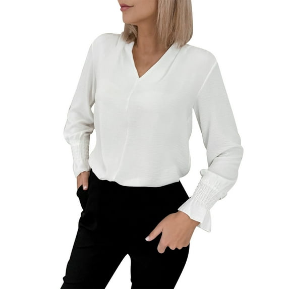 TKLPEHG Womens Blouse V-Neck Elegant Shirt Fashion Fall Tops Long Sleeve T Shirt Solid Color Casual Comfy Loose Lightweight Blouses Pullover (White,S)