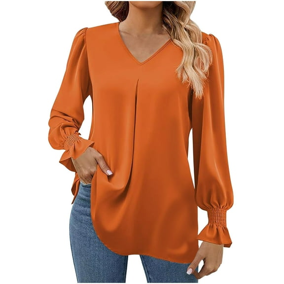 TKLPEHG Womens Blouse V-Neck Pleated Tunic Tops Long Sleeve T Shirt Fall Tops Solid Color Lightweight Comfy Loose Fashion Casual Pullover (Orange,XXL)