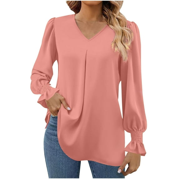 TKLPEHG Womens Blouse V-Neck Pleated Tunic Tops Long Sleeve T Shirt Fall Tops Solid Color Lightweight Comfy Loose Fashion Casual Pullover (Pink,XL)