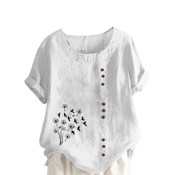 TKLPEHG Womens Blouses Dressy Casual Crew Neck Button Roll Sleeve T-shirt Summer Loose Fitted Short Sleeve T Shirts Fashion Print Tshirt Comfy Soft Womens Clothes (White,M)