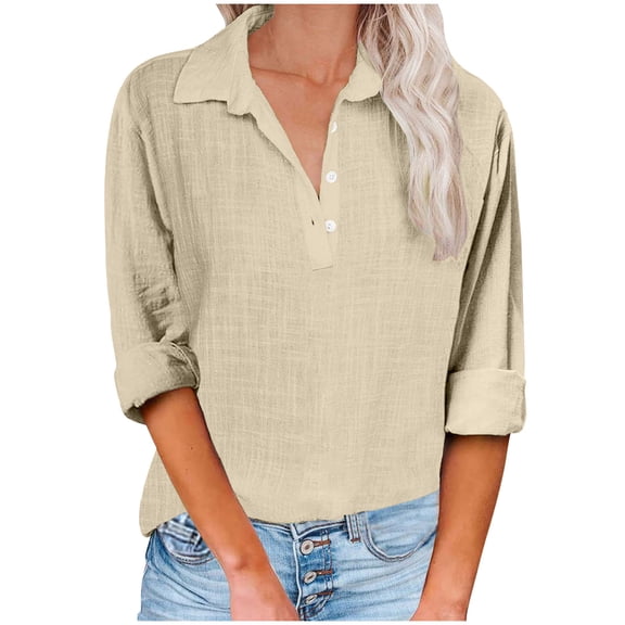 TKLPEHG Womens Blouses Dressy V-Neck Button Shirt Fall Tops Lightweight Loose Long Sleeve T Shirt Fashion Solid Color Comfy Casual Blouses Pullover (Khaki,S)