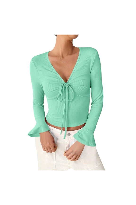 Womens Blouses Dressy V-Neck Short Slim Drawstring Knit Top Lightweight Fall Tops Solid Color Comfy Long Sleeve T Shirt Fashion Casual Blouses Pullover (Mint Green,M)