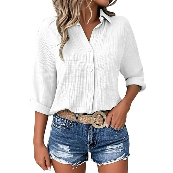 TKLPEHG Womens Button Down Shirt 3/4 Sleeve Roll Up Loose Fit V-Neck Casual Work Blouse Tops (White,XXXXL)