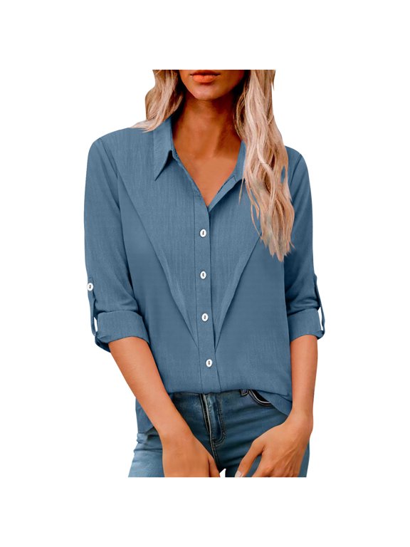 Womens Button Down Shirt Lapel Roll Sleeve Shirts Comfy V-Neck Solid Color Casual Loose Fit Office Work Short Sleeve Top (Blue,XL)